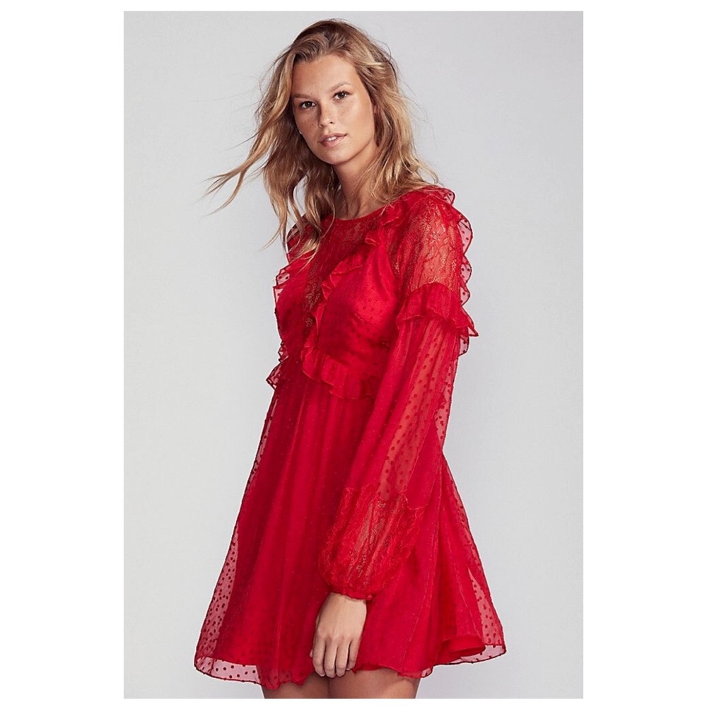 FREE PEOPLE Red Swiss Dot “Dotty” Mini Dress Size XS